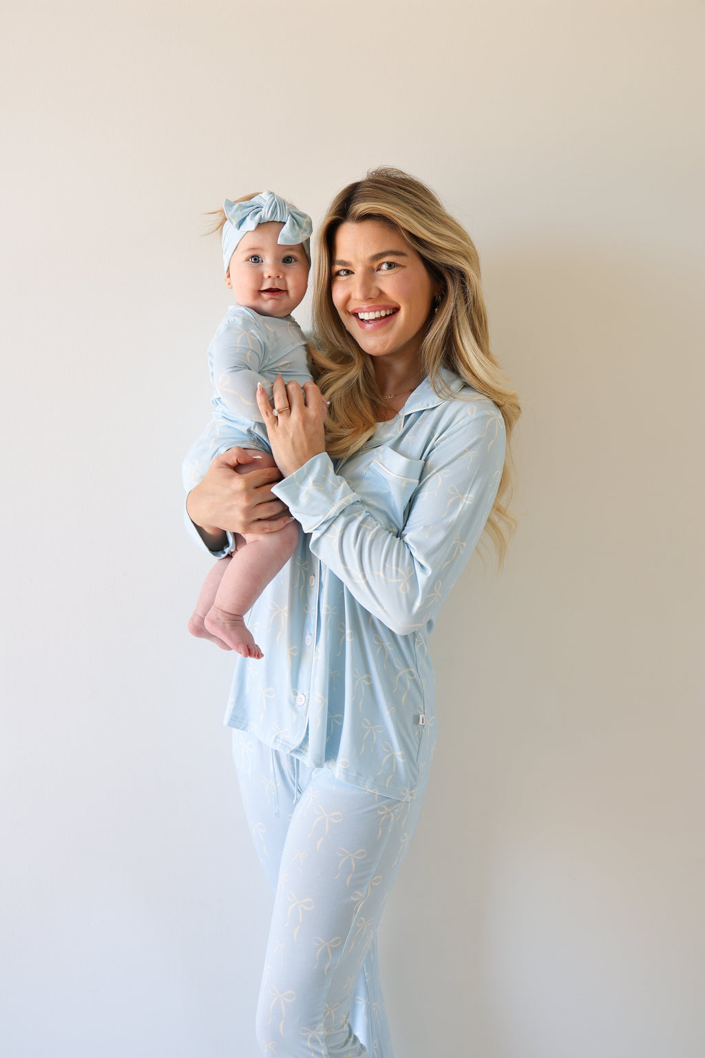 Women's Bamboo Button Up Lounge Set in Blue Bows Pattern