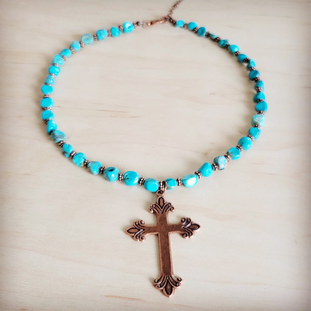 Turquoise and Copper Collar Necklace w/ Copper Cross Pendant 263z