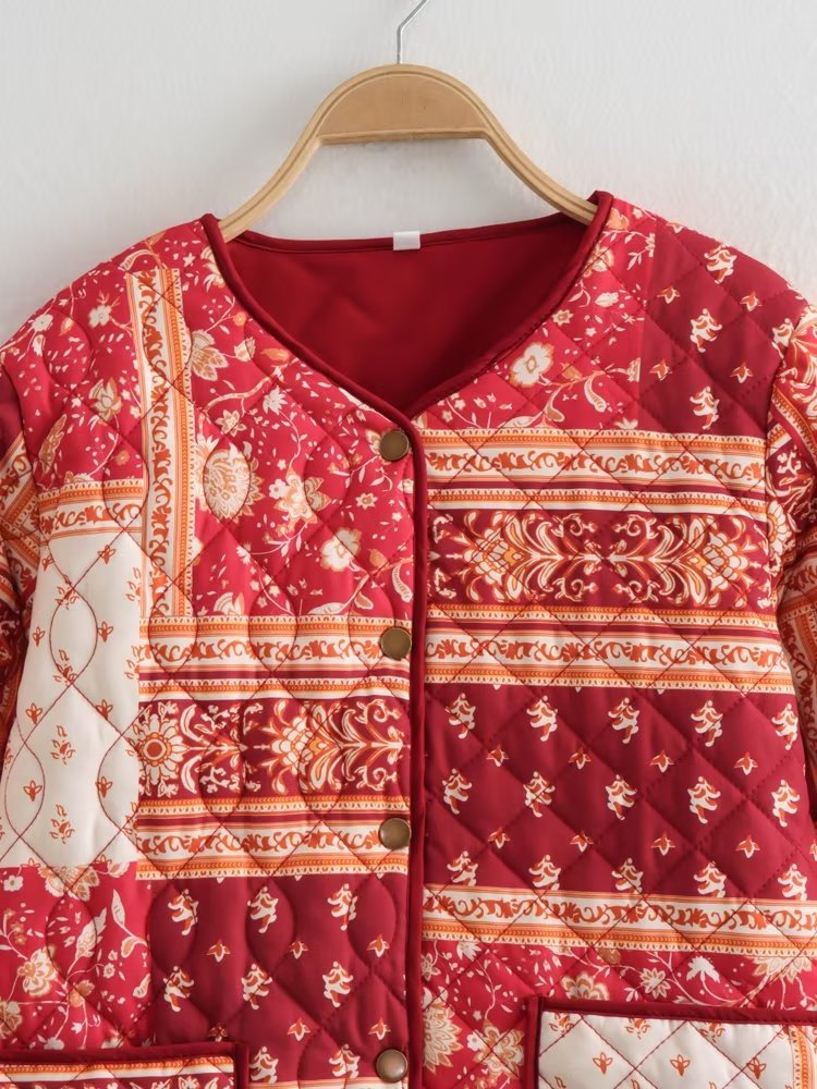 Vibrant Red Patchwork Quilted Padded Jacket for Women - Image 2