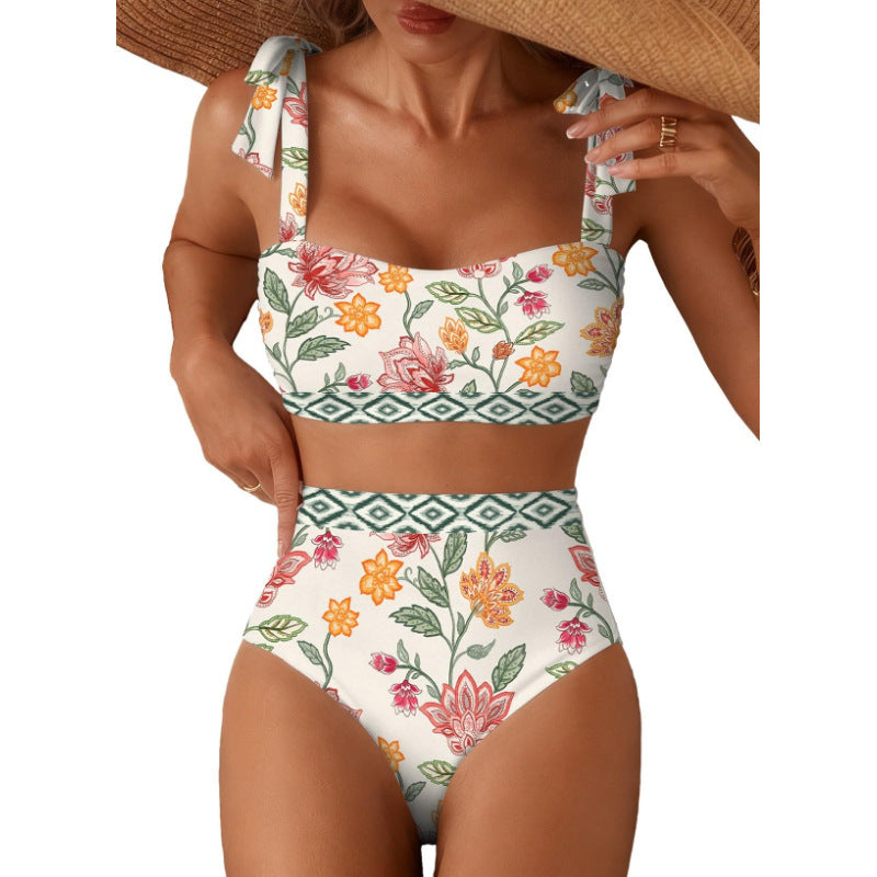 Tie-Shoulder Striped High-Waisted Bikini Set Two-Piece Swimsuit