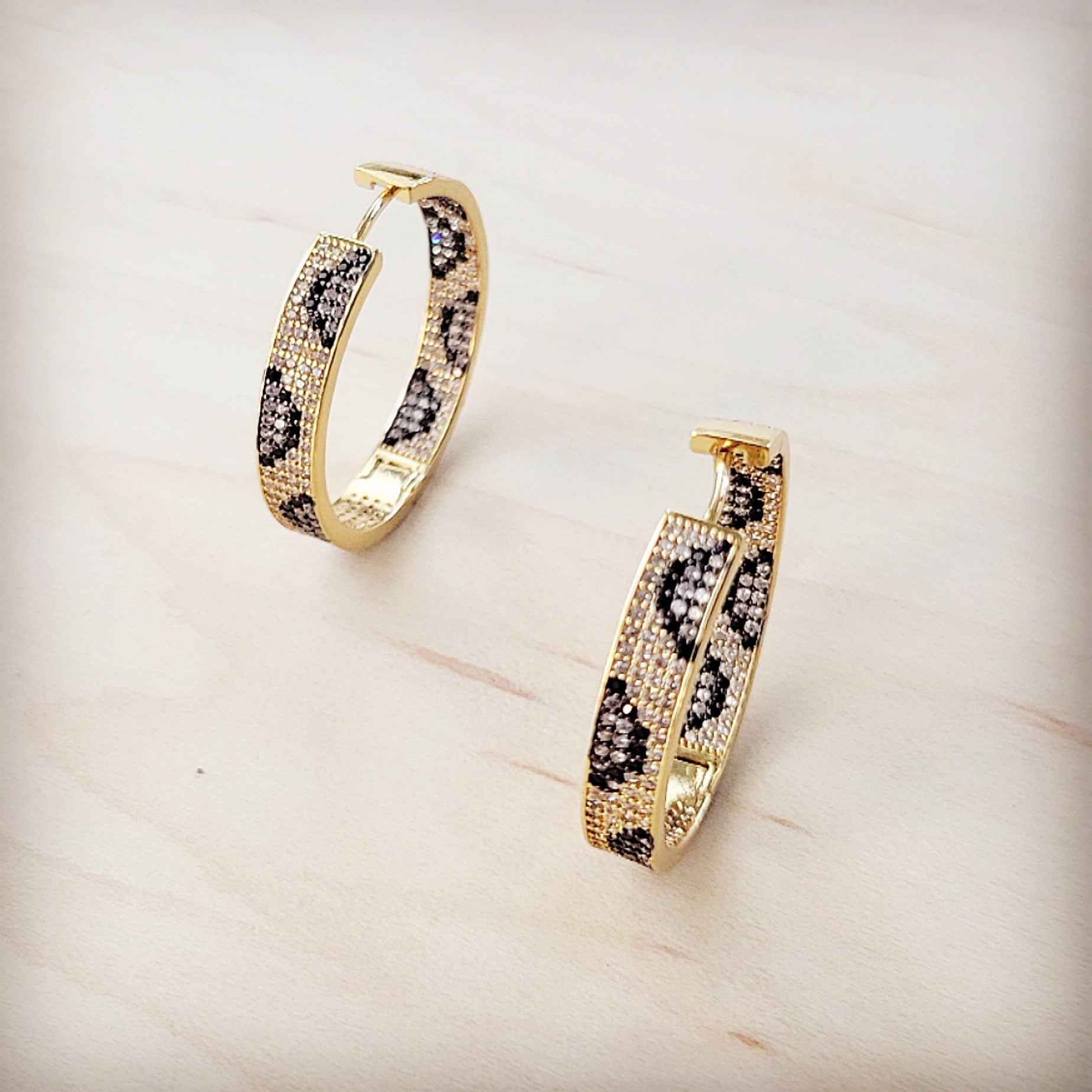 Spotted Leopard Pave Gold-Tone Hoop Earrings with Clear and Black Stones