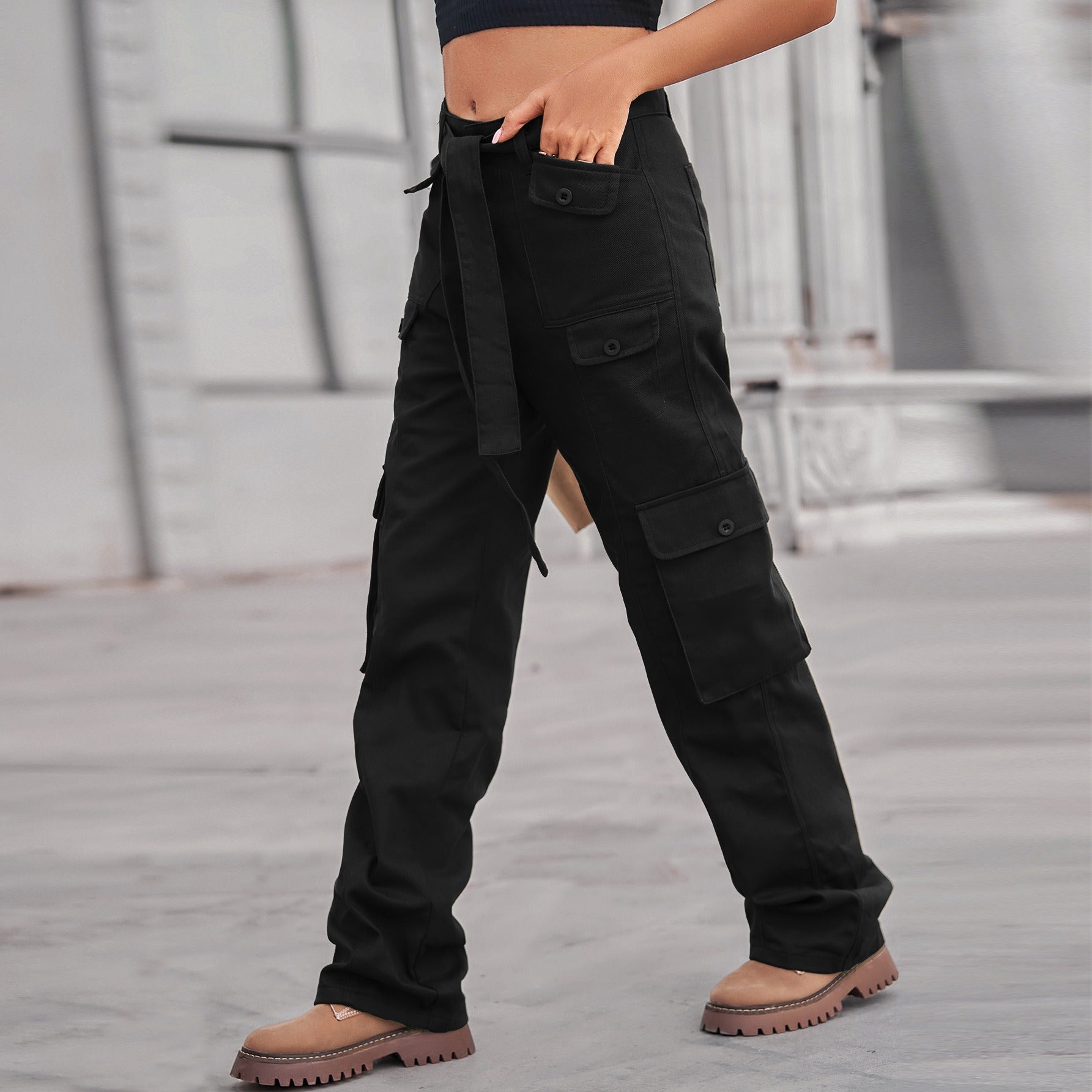 Washed Denim Multi-Pocket Cargo Pants with Tie Waist - Image 6