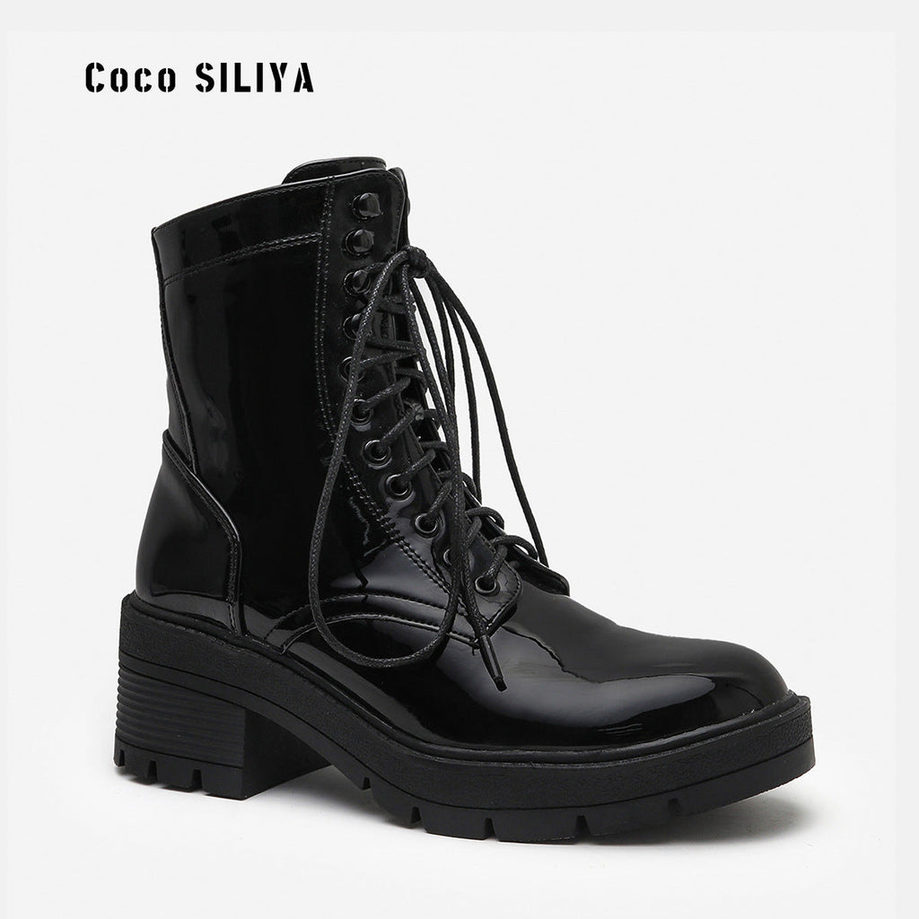 Women's Harajuku Style Patent Leather Lace Up Combat Boots - Image 6