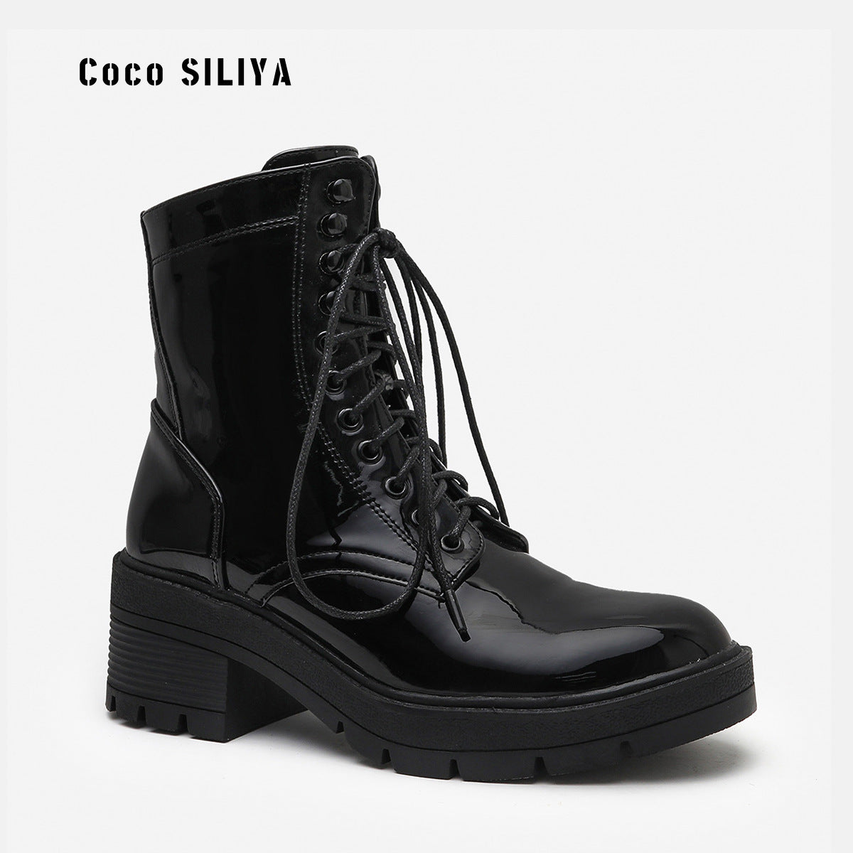 Women's Harajuku Style Patent Leather Lace Up Combat Boots - Image 6