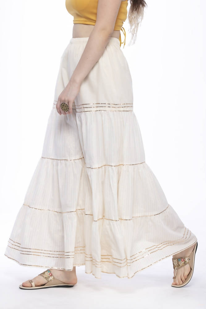 Off White Cotton Sharara Pants with Traditional Gota Work Details