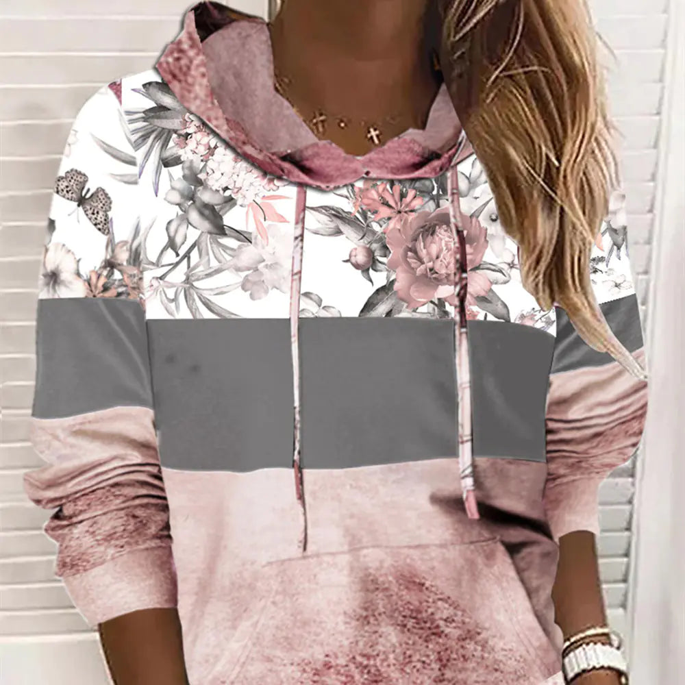 Women's Floral Colorblock Fleece Hoodie Long Sleeve Pullover - Image 6