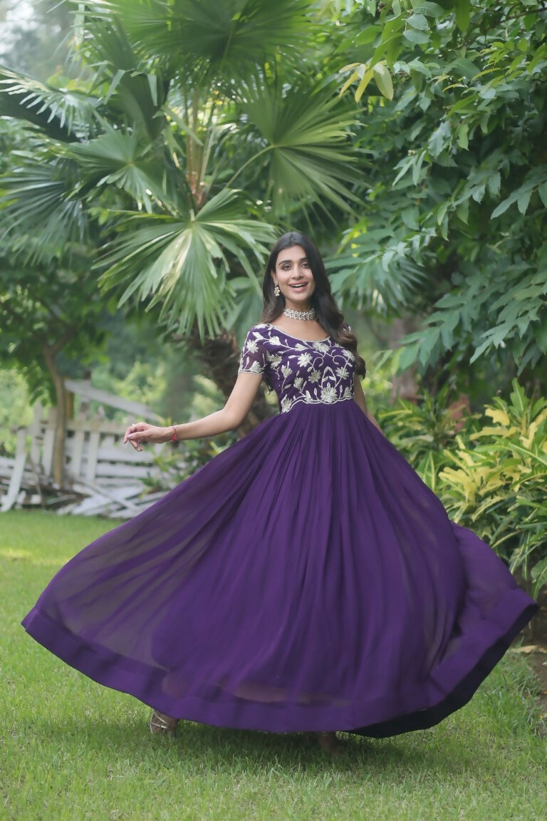 Purple Sequins Embroidered Faux Blooming Floor-Length Anarkali