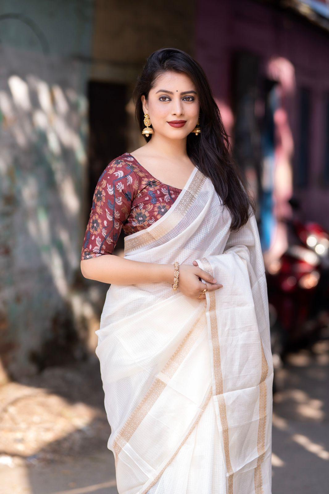 White Silk Blend Kalamkari Saree with Zari Border