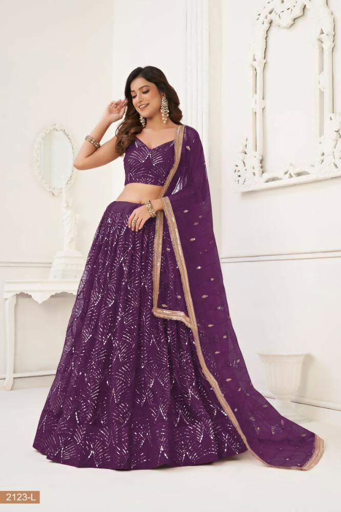 Wine Butterfly Net Lehenga with Mirror and Sequence Embroidery