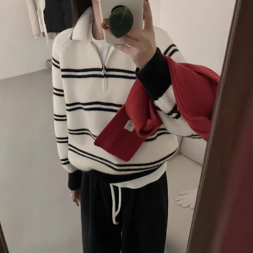 Women's Half-Zip Striped Sweater Turn-Down Collar Knit Pullover - Image 5