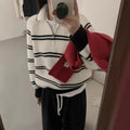 Women's Half-Zip Striped Sweater Turn-Down Collar Knit Pullover - Image 5