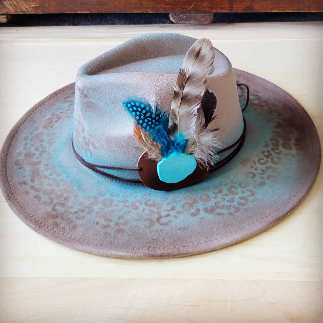 Hand-Painted Leopard Print Boho Western Cowgirl Hat Turquoise - Image 2