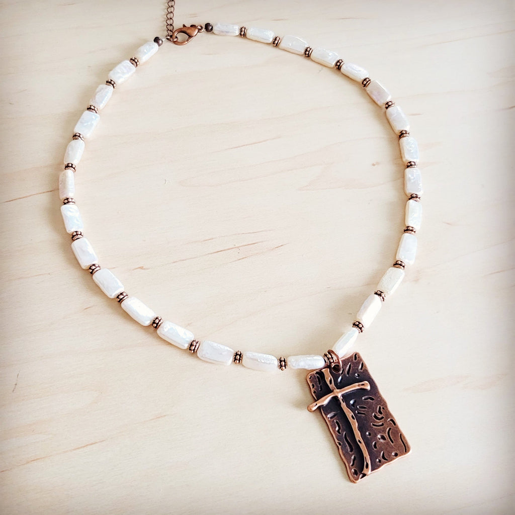 Rectangle Freshwater Pearl & Copper Necklace w/ Antique Cross Pendant 264a