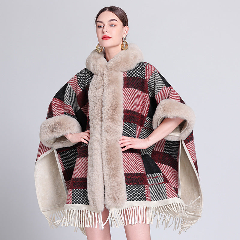 Women's Knitted Hooded Poncho with Fur Trim & Tassels for Winter