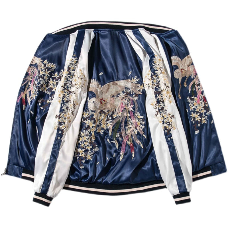 Harajuku Phoenix Embroidered Blue & White Baseball Jacket - Image 5
