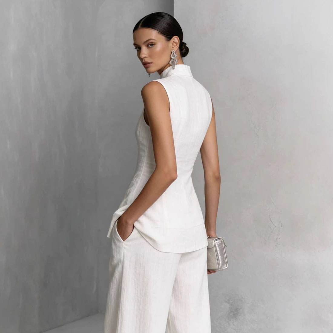 Women's Sleeveless High Neck Top and Wide Leg Pants Set - Image 3
