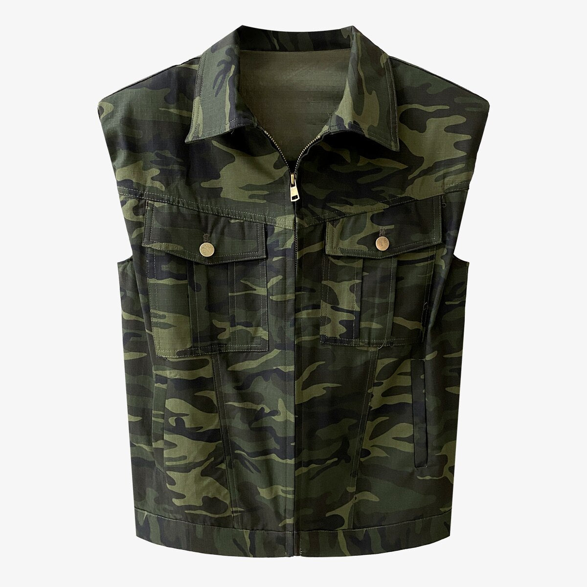 Women's Camouflage Denim Vest - Sleeveless, Zip-Front, Utility - Image 8