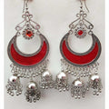 Silver oxidized half moon triple jhumka with red enamel floral details