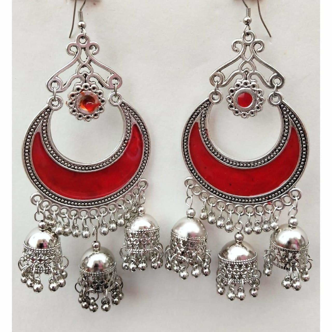 Silver oxidized half moon triple jhumka with red enamel floral details