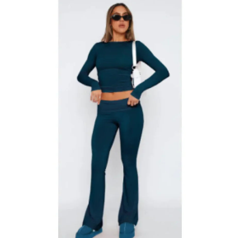 Women's High Waist Flare Leggings Long Sleeve Two Piece Set - Image 2