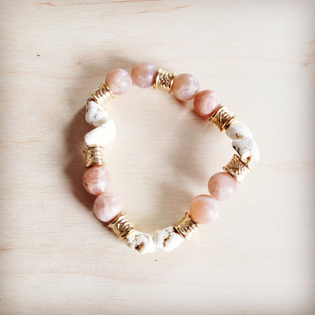 Frosted Sunstone and White Turquoise Beaded Stretch Bracelet - Image 4