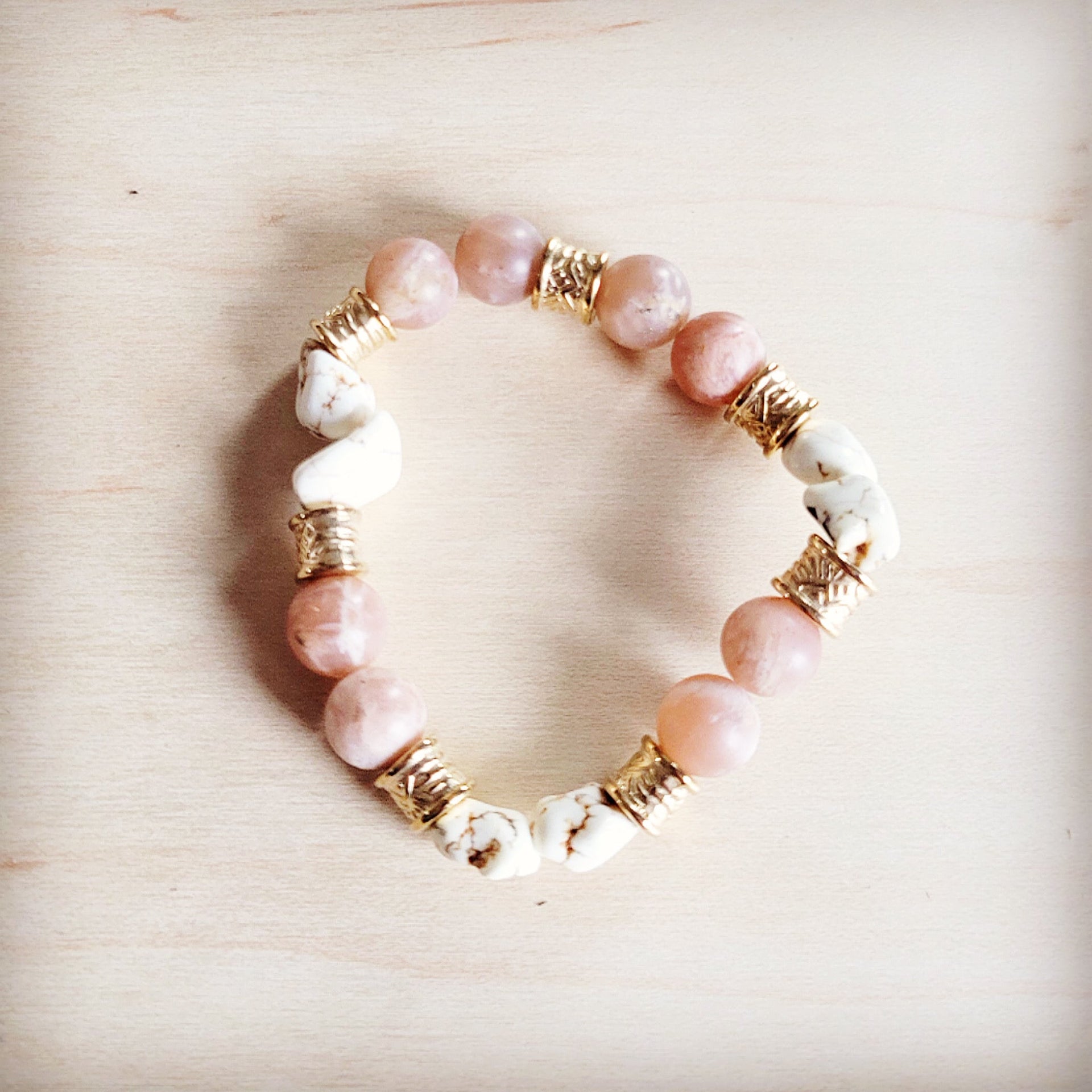 Frosted Sunstone and White Turquoise Beaded Stretch Bracelet - Image 4