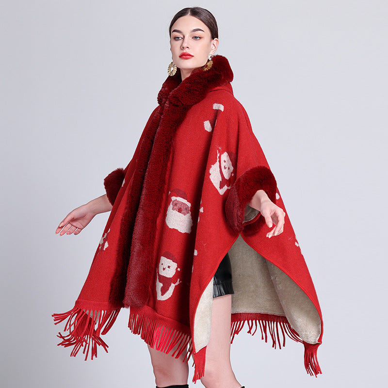Women's Knitted Hooded Poncho with Fur Trim & Tassels for Winter