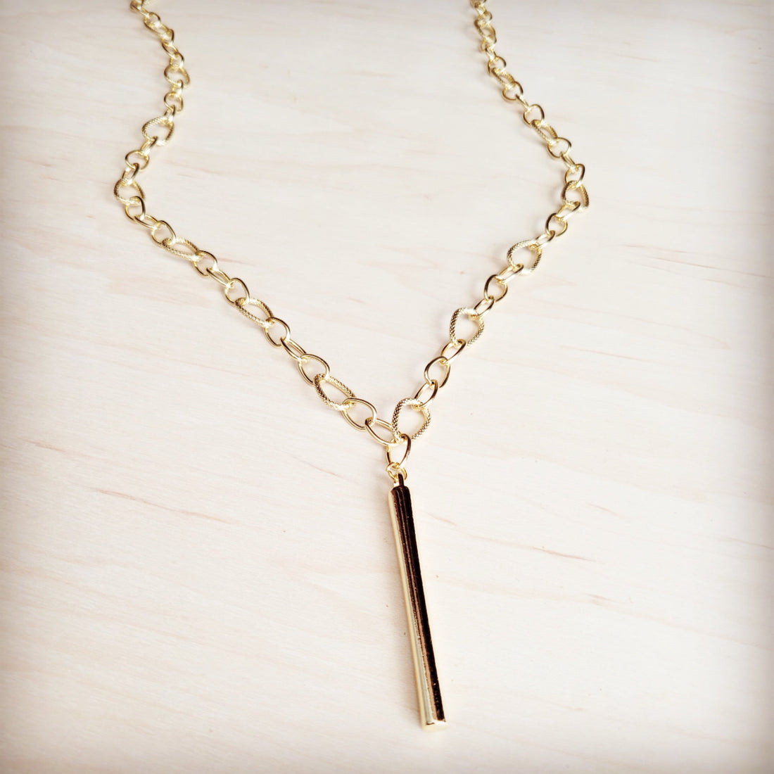 Gold-Tone Long Link Chain Necklace with Modern Bar Pendant - Image 3