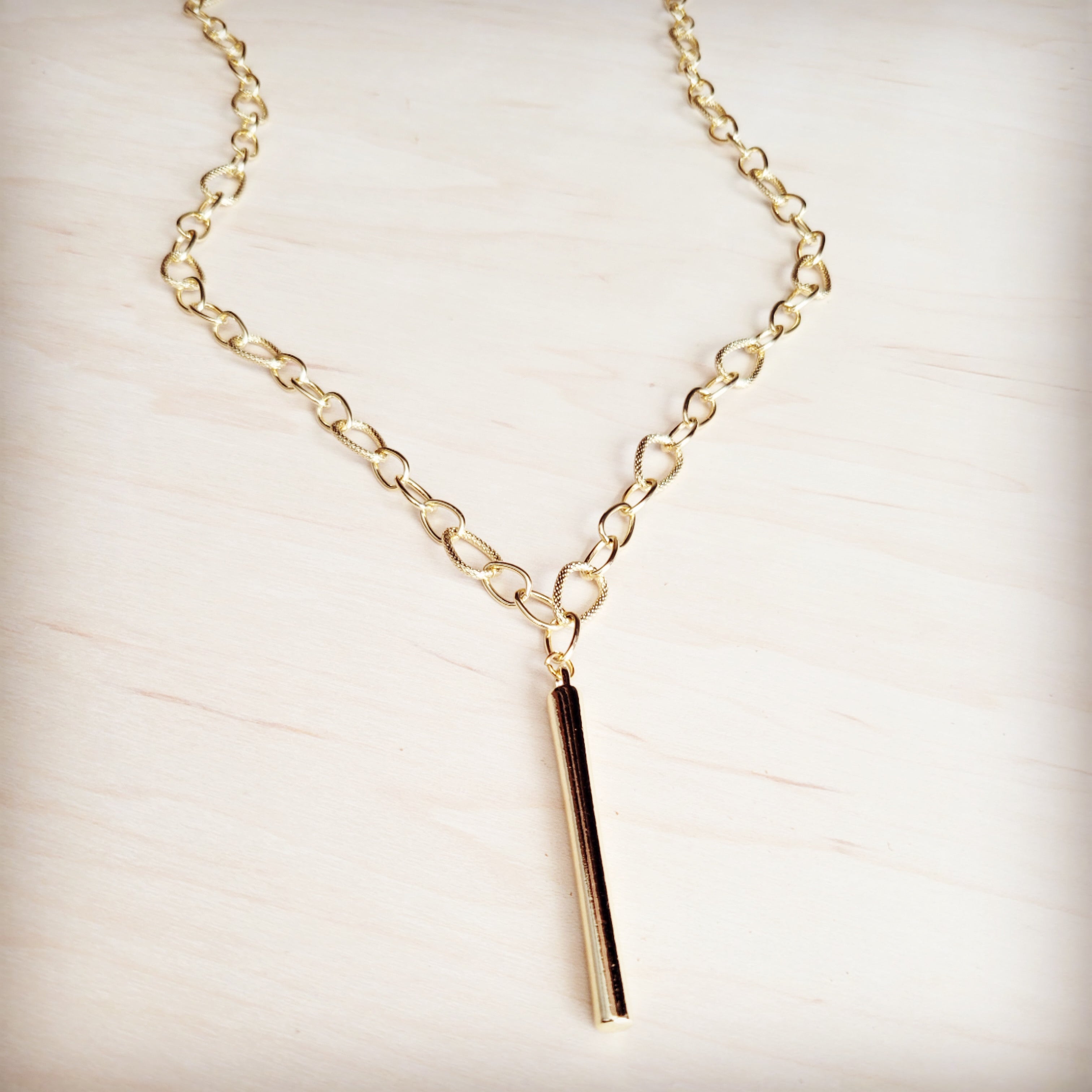 Gold-Tone Long Link Chain Necklace with Modern Bar Pendant - Image 3