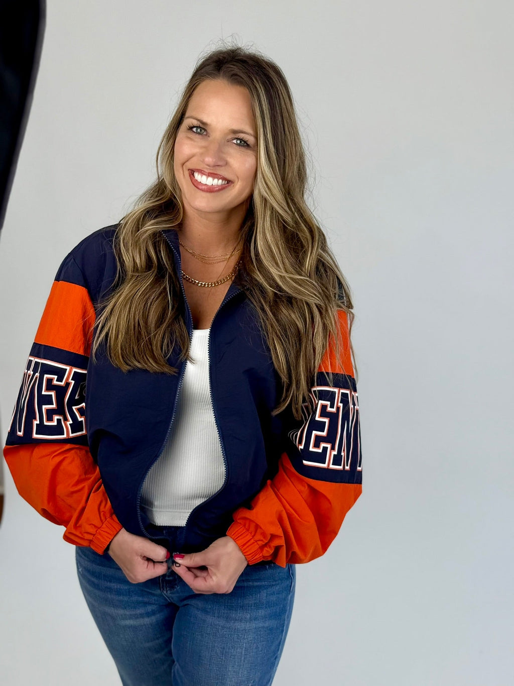 Denver Retro Jacket Women's Navy and Orange Sporty Bomber Zip-Up
