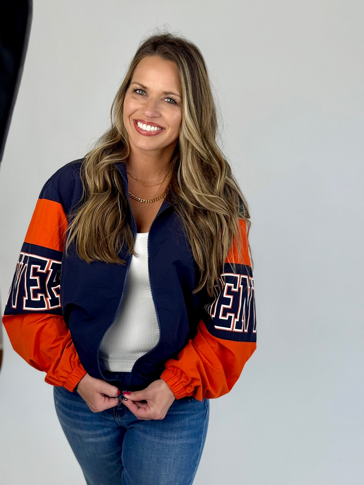 Denver Retro Jacket Women's Navy and Orange Sporty Bomber Zip-Up