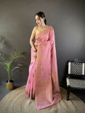 Pastel Pink Linen Silk Banarasi Saree with floral and paisley woven designs