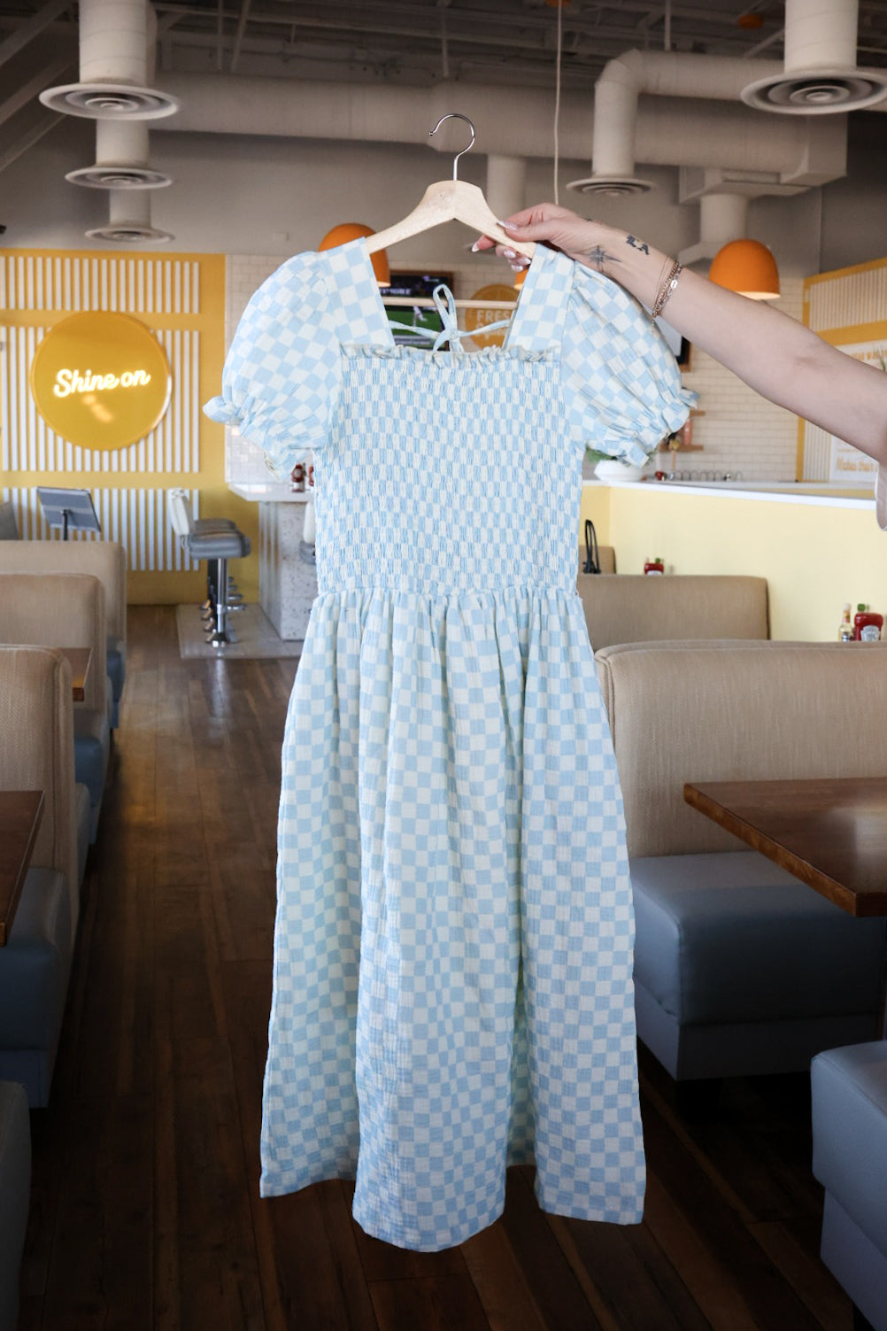 Women's Short Sleeve Muslin Midi Dress in Morning Check Print