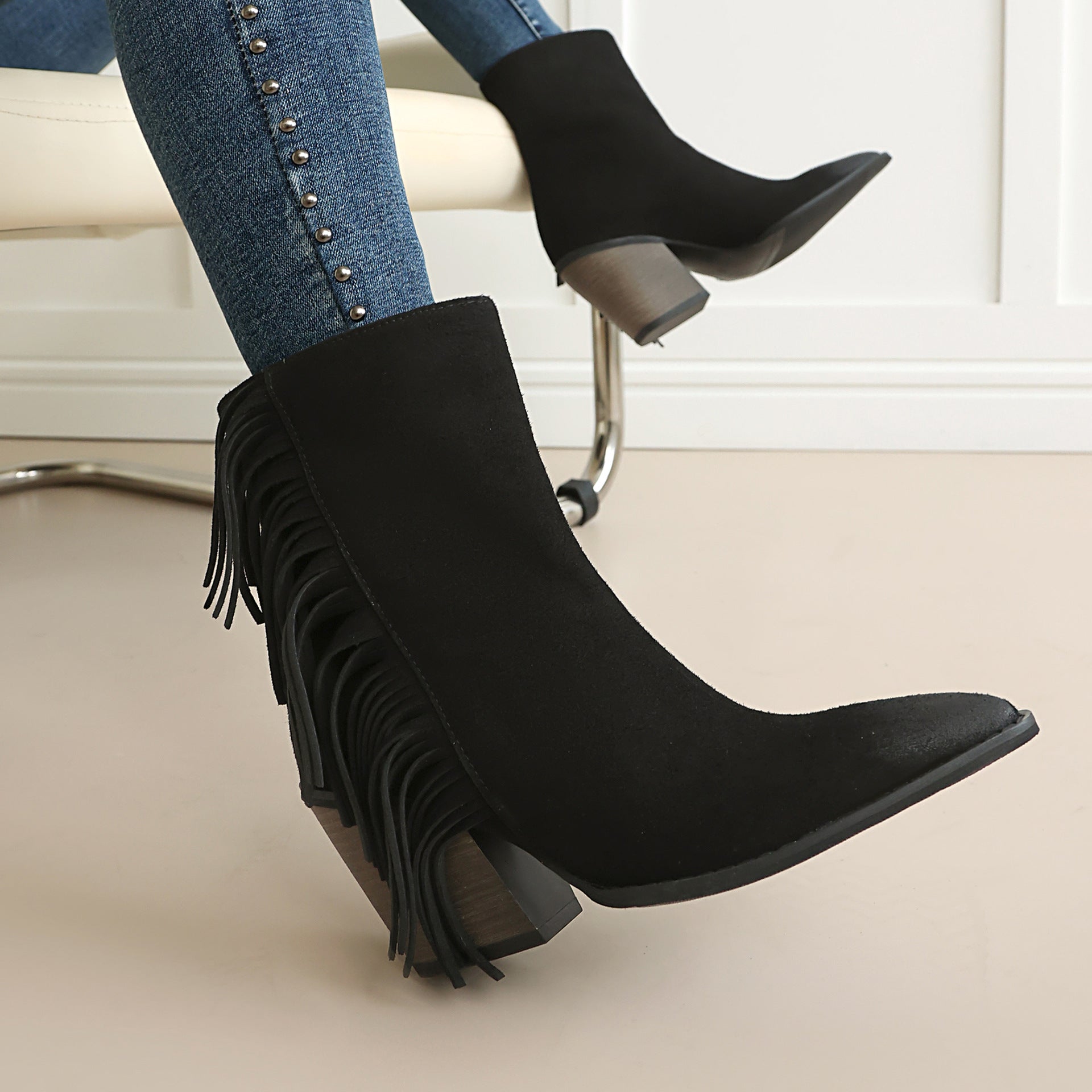 Women's Western Fringe Ankle Boots | Pointed Toe Chunky Heel
