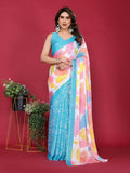 Sky colored Moss Chiffon saree with elegant prints and matching blouse fabric