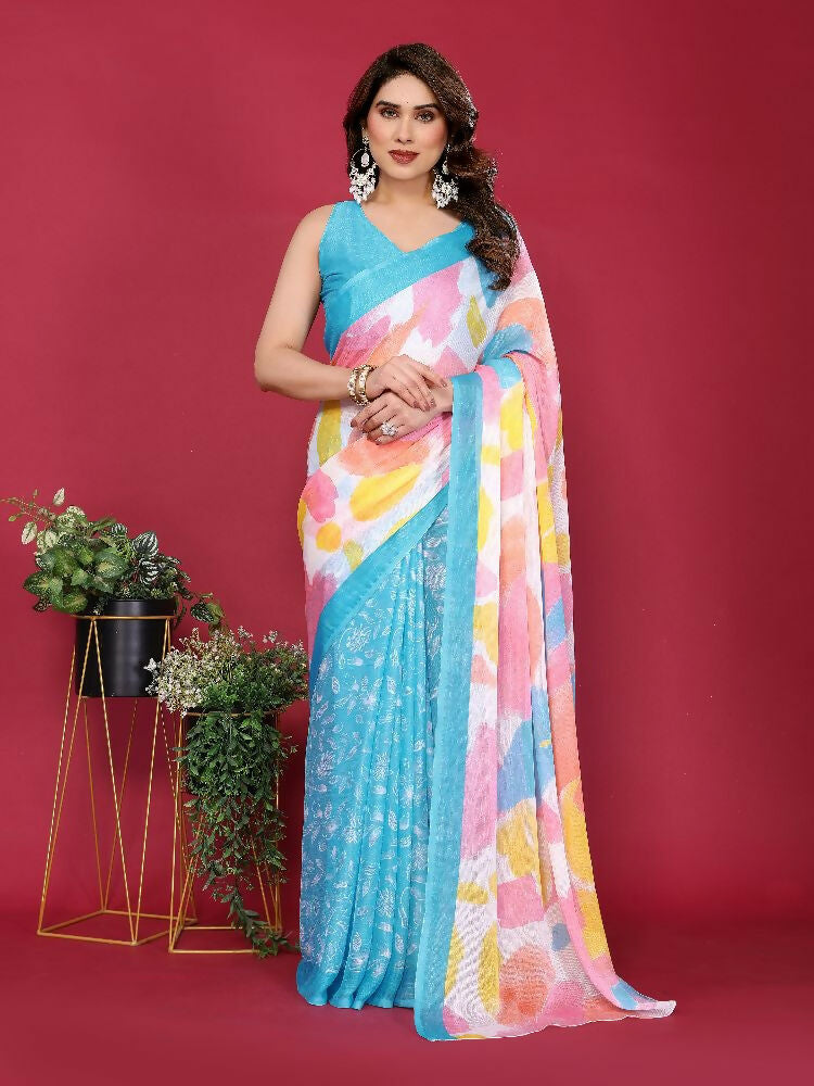 Sky colored Moss Chiffon saree with elegant prints and matching blouse fabric