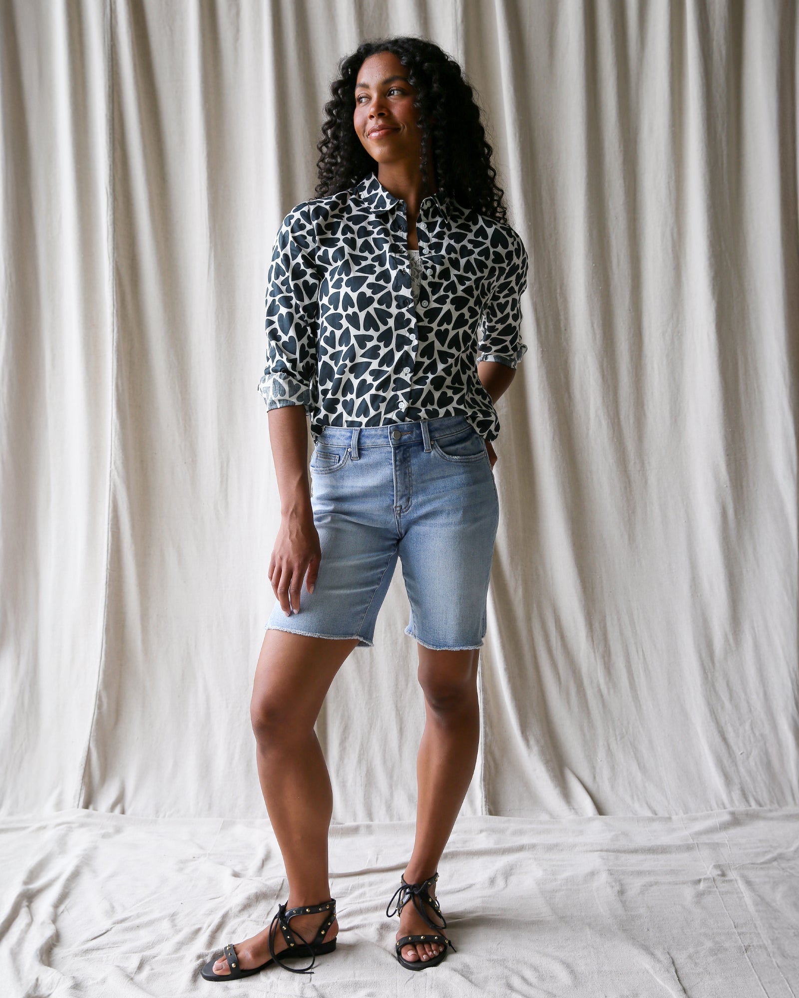 More Love Button Down Shirt in Black and White Heart Print - Image 3