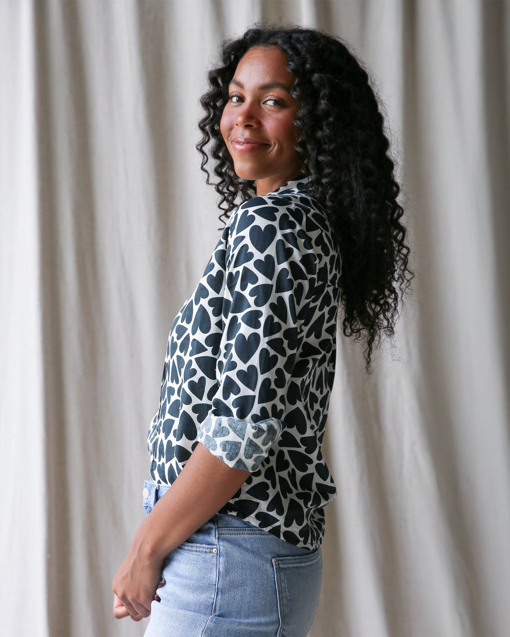 More Love Button Down Shirt in Black and White Heart Print - Image 4