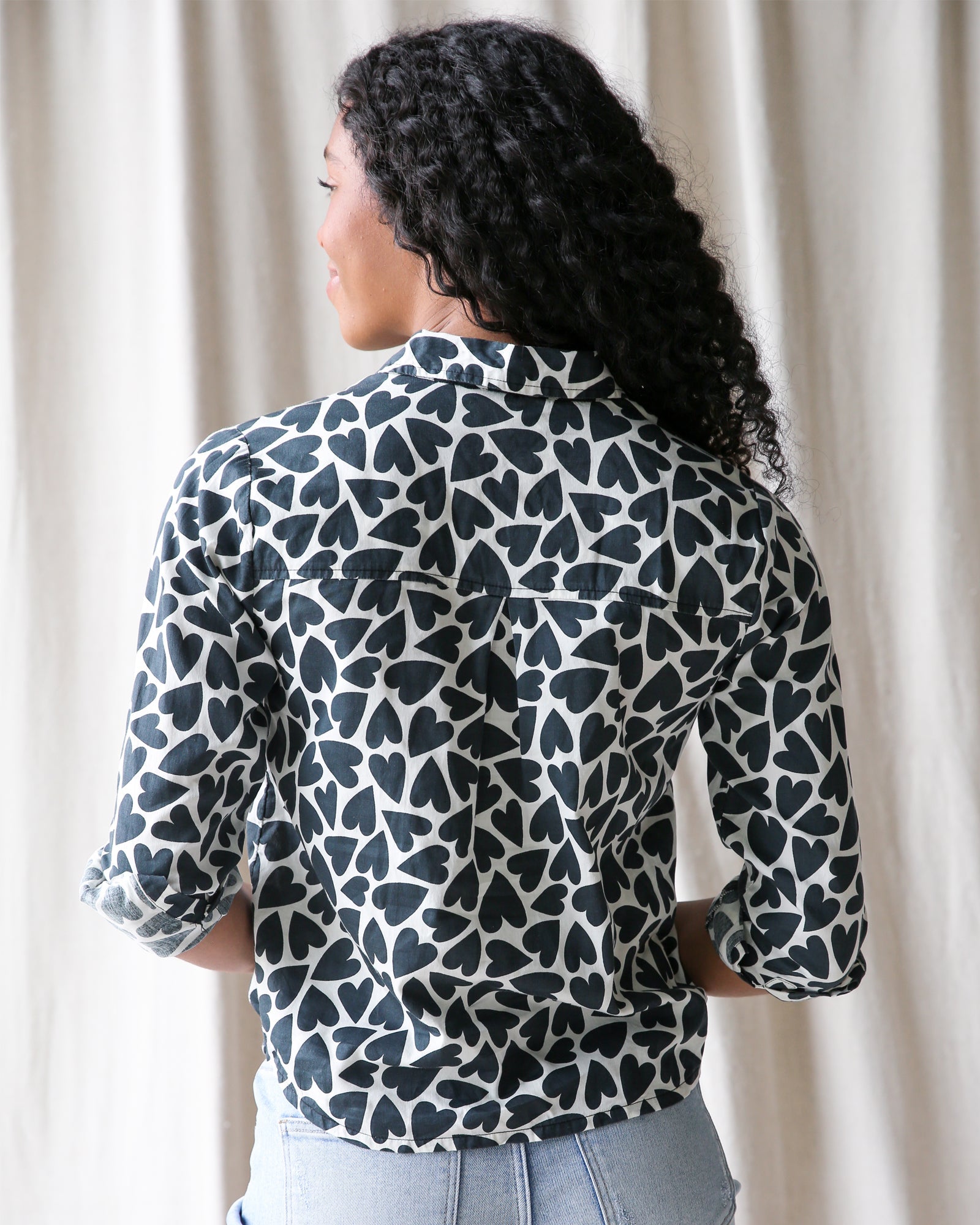 More Love Button Down Shirt in Black and White Heart Print - Image 5
