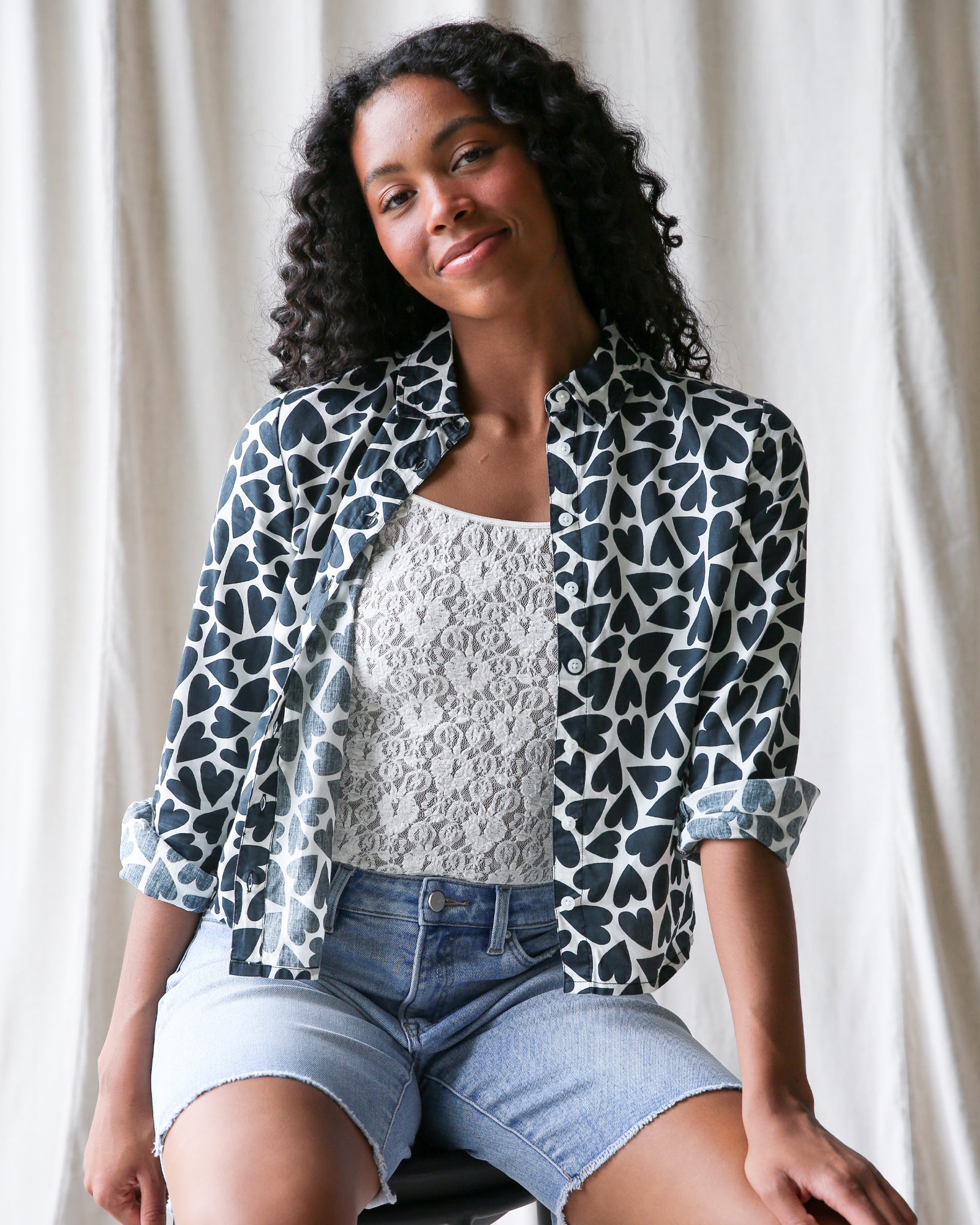 More Love Button Down Shirt in Black and White Heart Print - Image 2