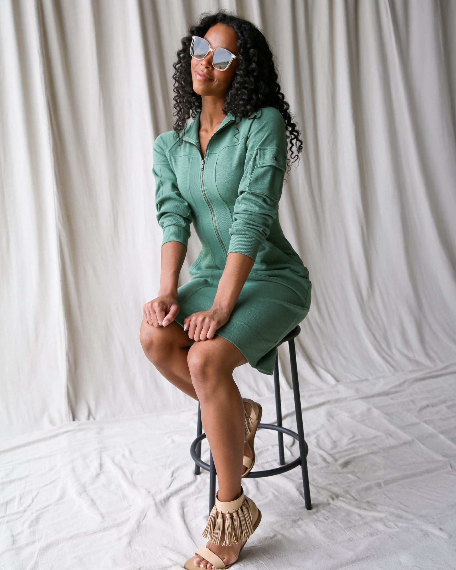 Green Mock Neck French Terry Zip Front Dress - Image 2
