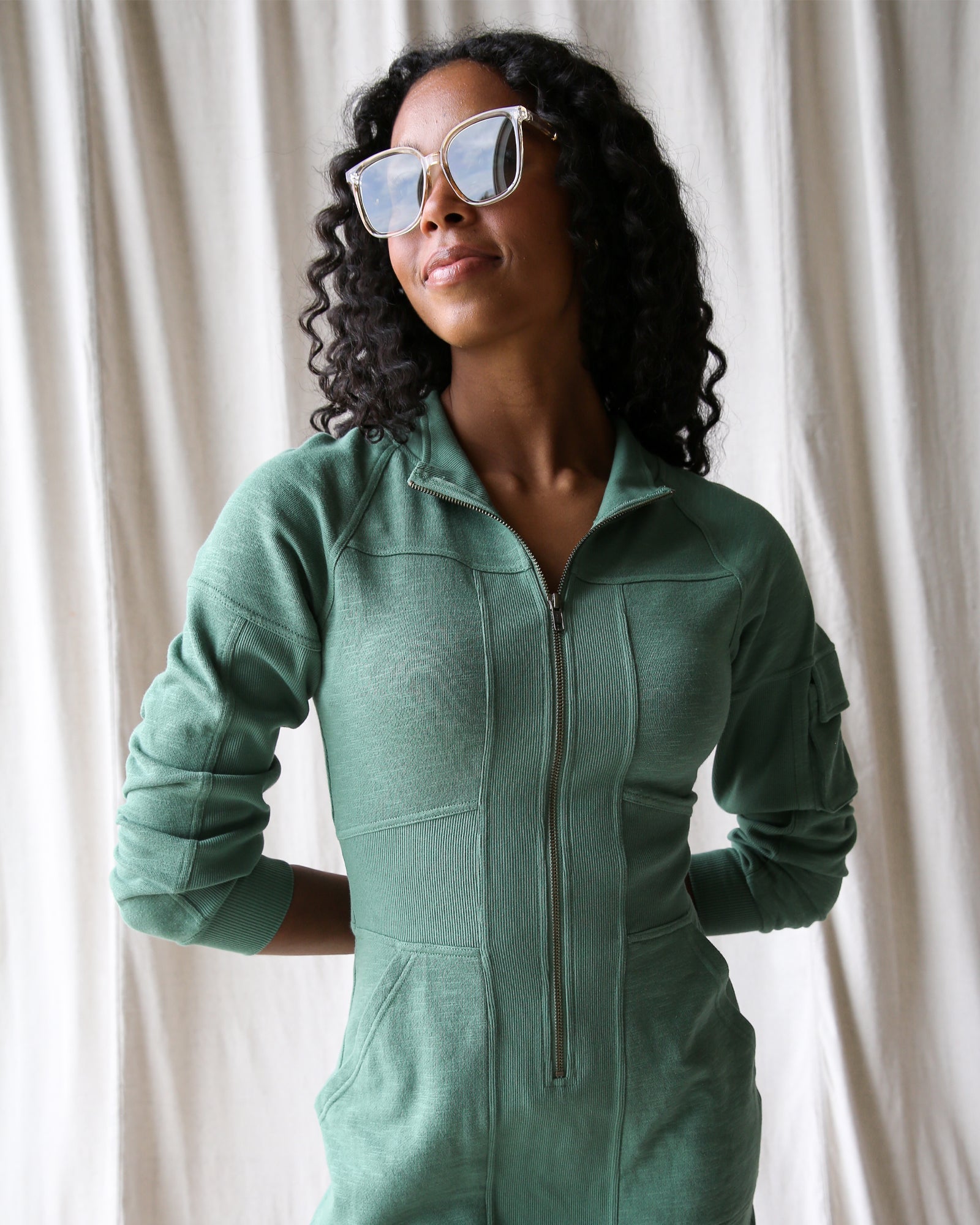 Green Mock Neck French Terry Zip Front Dress - Image 5