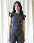 On Repeat Pullover in charcoal grey with short ruffle sleeves and polka dot jacquard texture