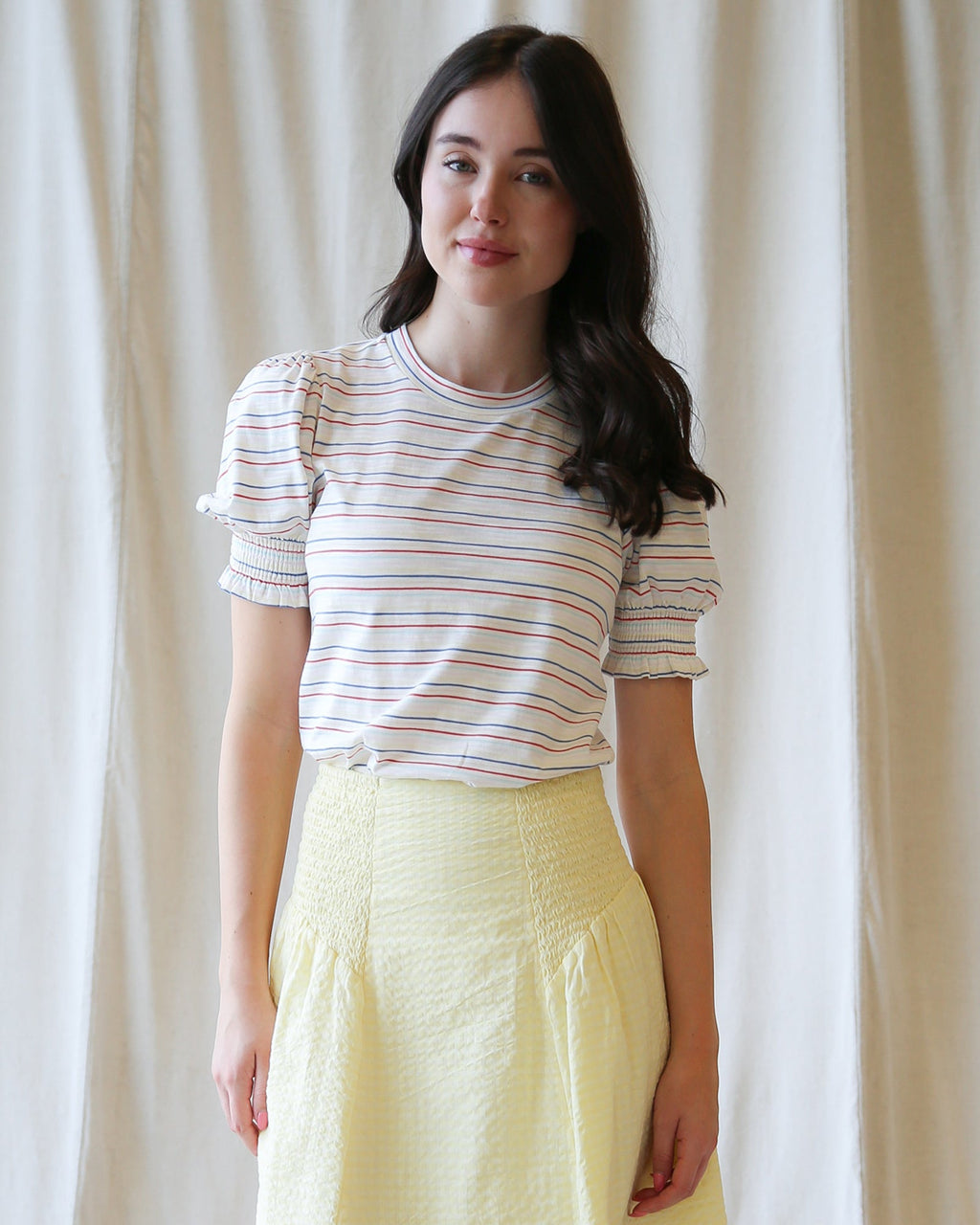 Trés Belle striped cotton-modal top with short puff sleeves in white, red, and blue