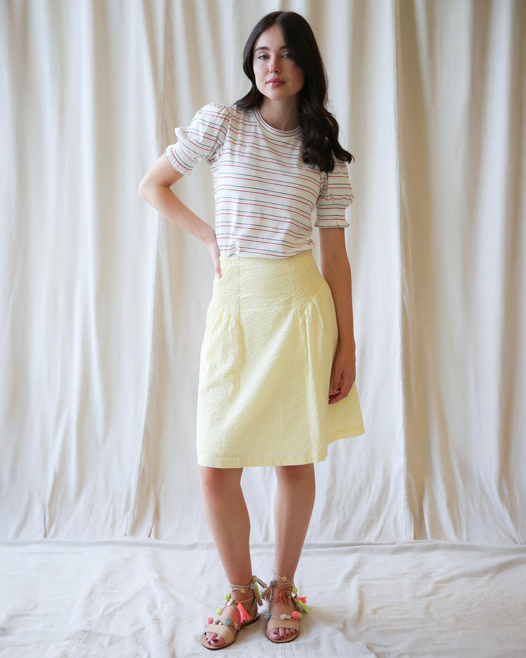 Off The Clock Smocked Waist Jacquard Cotton Skirt in Light Yellow