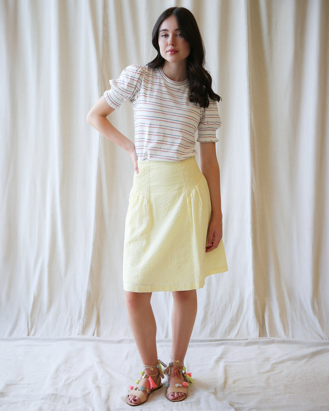 Off The Clock Smocked Waist Jacquard Cotton Skirt in Light Yellow
