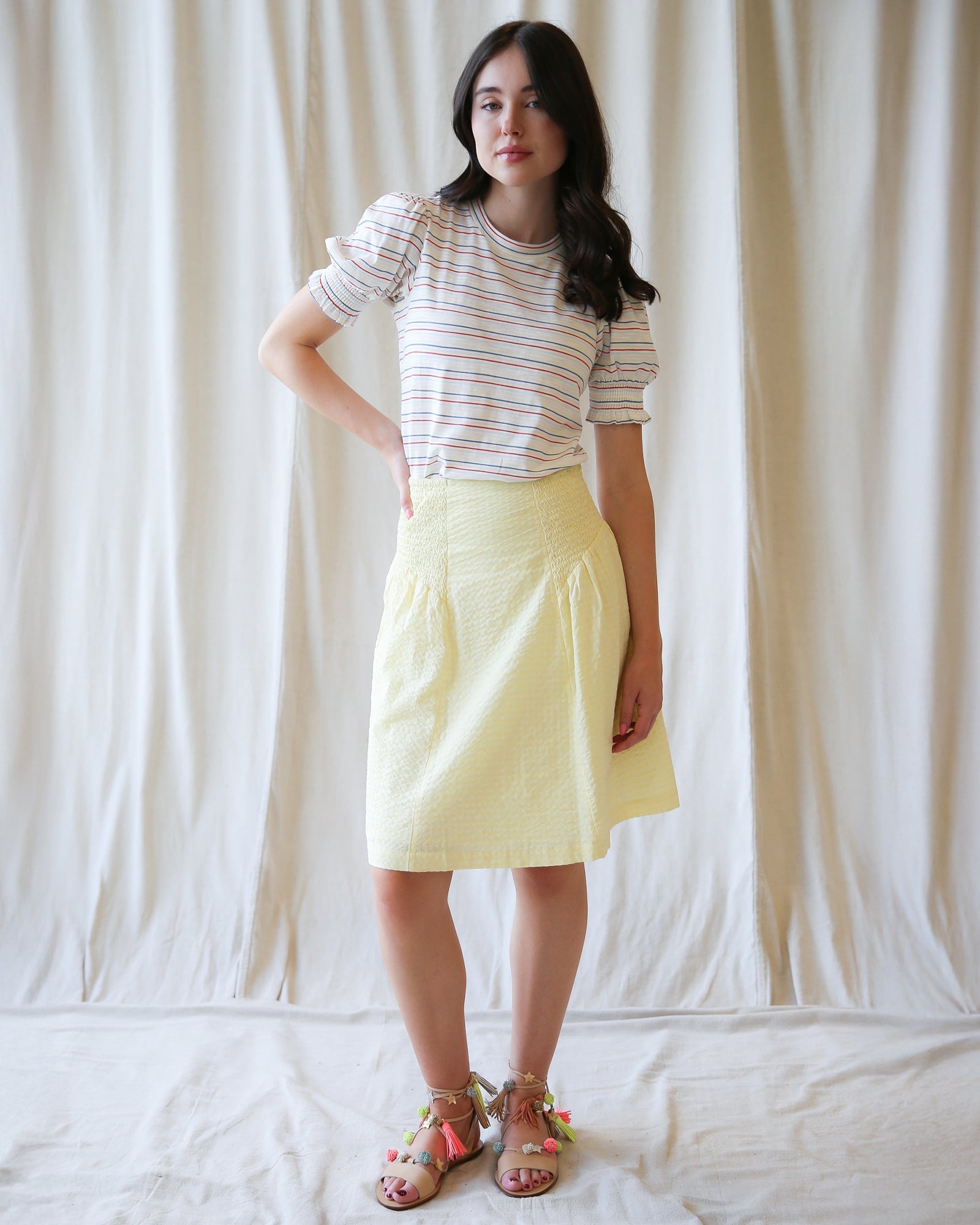 Off The Clock Smocked Waist Jacquard Cotton Skirt in Light Yellow