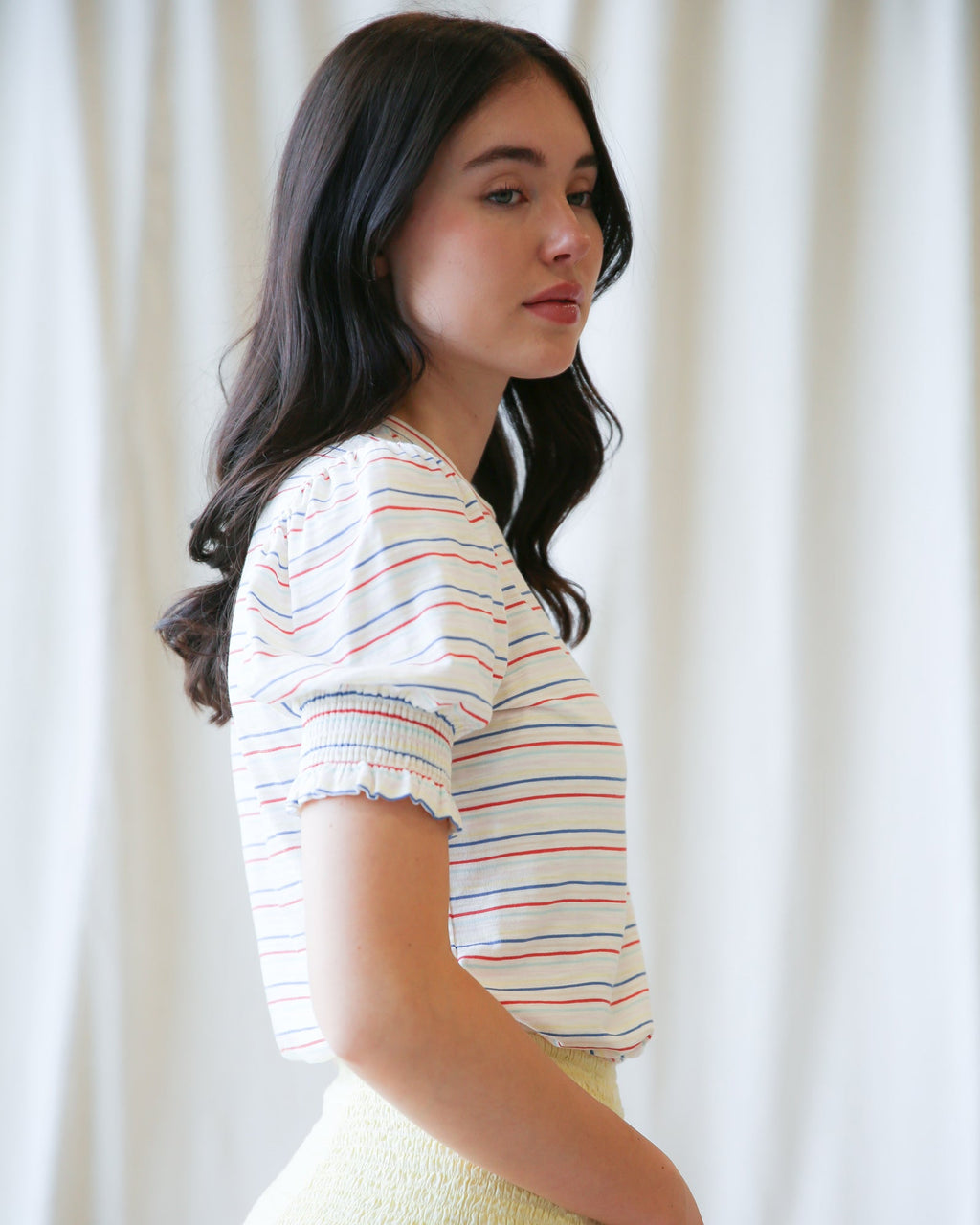 Trés Belle Striped Cotton-Modal Puff Sleeve Top for Women