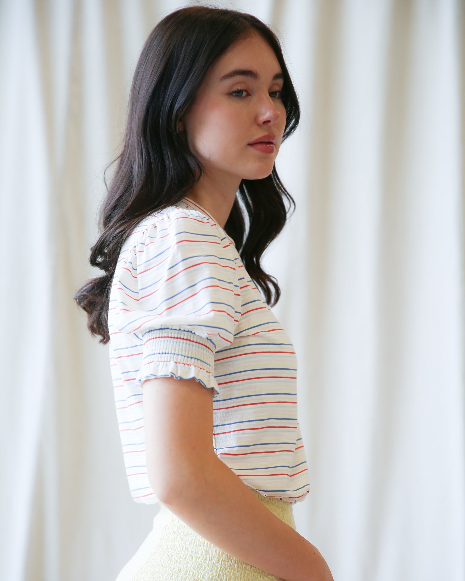 Trés Belle Striped Cotton-Modal Puff Sleeve Top for Women