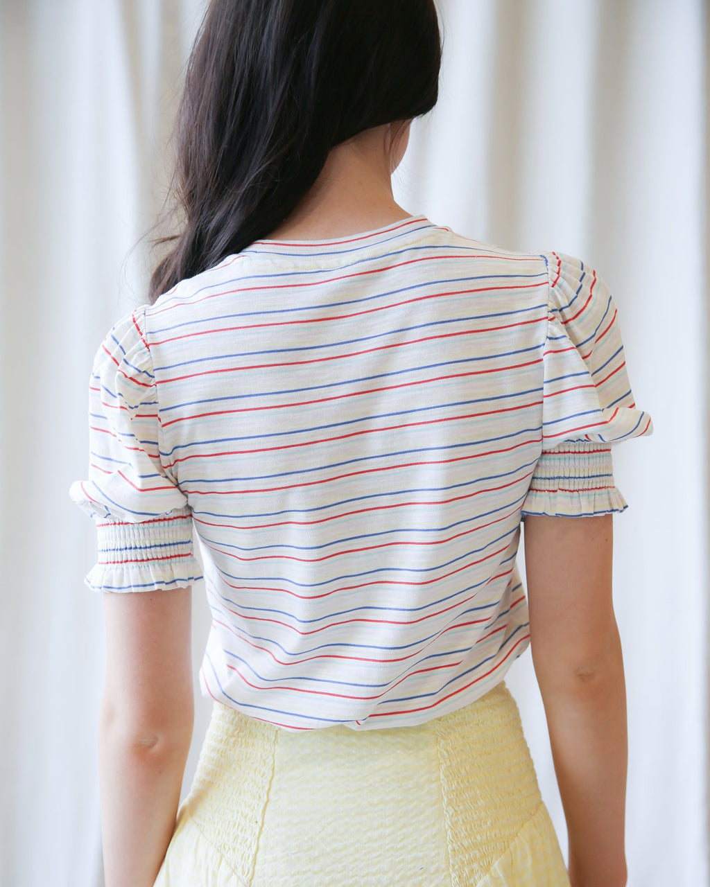 Trés Belle Striped Cotton-Modal Puff Sleeve Top for Women